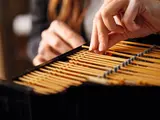 Hands placing LEGO piano string elements.
