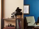 LEGO Grand Piano on a living room shelf.