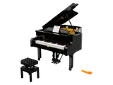 LEGO Ideas Grand Piano with lid open, stool, and brick separator.
