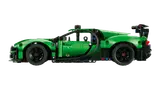 Side profile of green LEGO Technic Bugatti Chiron, sleek design.