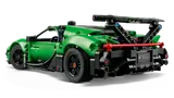 Rear angled view of green LEGO Technic Bugatti Chiron, large wing.