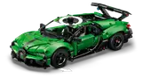 Green LEGO Technic Bugatti Chiron with open door and turning wheel.