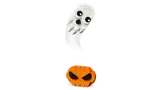 LEGO ghost and jack-o'-lantern close-up.