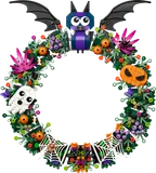 LEGO Halloween Wreath with bat, ghost, and pumpkins on white.