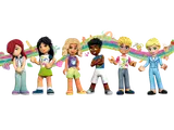 Six LEGO Friends minifigures, diverse lineup.