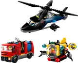 Helicopter, fire truck, and submarine together.