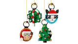Four LEGO holiday ornaments hanging.