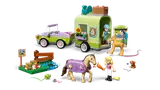 Open horse trailer with minifigures interacting with horses and accessories.