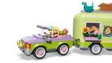 Convertible car towing a horse trailer with minifigures and animals inside.