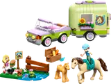 LEGO Friends Horse & Baby Foal Trailer set with car, trailer, animals, minifigures, and accessories.