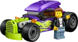Minifigure and purple hot rod.