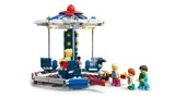 Angled view of LEGO swing ride with minifigures.
