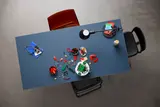 Overhead view of LEGO build in progress.