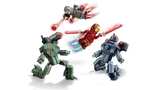 Dynamic action with Iron Man and War Machine firing at drones.