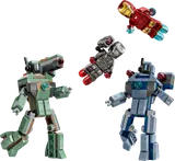 Iron Man and War Machine engage two Hammer Drones in mid-air.