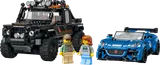LEGO Land Rover and Jaguar models with minifigures.