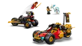 Vehicles in motion with minifigure battle backdrop.
