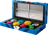Open LEGO badge case with badges.