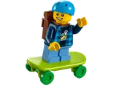 Close-up of LEGO City boy minifigure on skateboard.