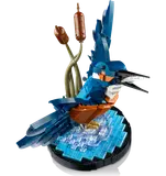 Kingfisher's open beak and angled wings.