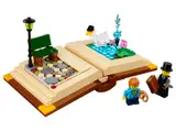 Open LEGO storybook with park and pond scenes, plus two minifigures.