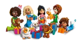 LEGO Friends characters and pets with holiday gifts.