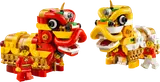 Red and yellow LEGO lion dancers with minifigures.
