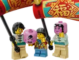 Minifigures holding banners and lion dance heads.