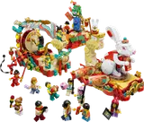 Three vibrant LEGO Lunar New Year parade floats with numerous minifigures.