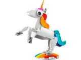 Rearing LEGO unicorn on rainbow base.