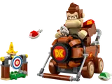 LEGO Donkey Kong in his kart, red shell, and banana target.