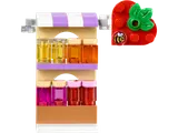 LEGO market stall shelves with bottled drinks and strawberry sign.