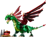 Green and red LEGO dragon with treasure chest.
