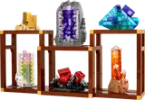 Six LEGO mineral specimens on modular stands.