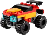Red, yellow, black LEGO monster truck with large wheels.