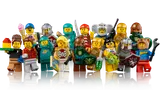 Line-up of various LEGO minifigures.