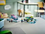 Modified cars and parts on a table with minifigures.