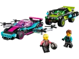 Two modified race cars and two minifigures.