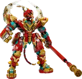 Mech in an action pose, staff leaning beside it.