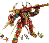 A large red, gold, and teal LEGO mech with a staff and several minifigures.