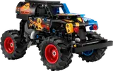 LEGO Technic Grave Digger in fire theme, low angle.