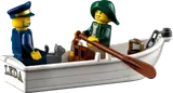Minifigures in 'LEDA' rowboat with cat.
