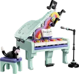 LEGO grand piano with a cat and microphone.