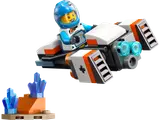 Astronaut on hoverbike with blue crystals.