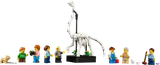Minifigures and dinosaur skeleton lined up.