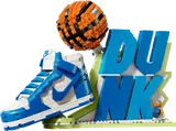 LEGO Nike Dunk display with shoe, DUNK sign, basketball, and minifigure.