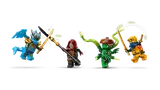 Close-up of four Ninjago minifigures in battle.