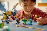 Child playing with Ninjago dragon and minifigures battle.