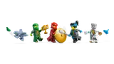 Ninjago minifigure line-up with accessories.