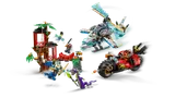 Dynamic LEGO Ninjago battle scene with vehicles and treehouse.